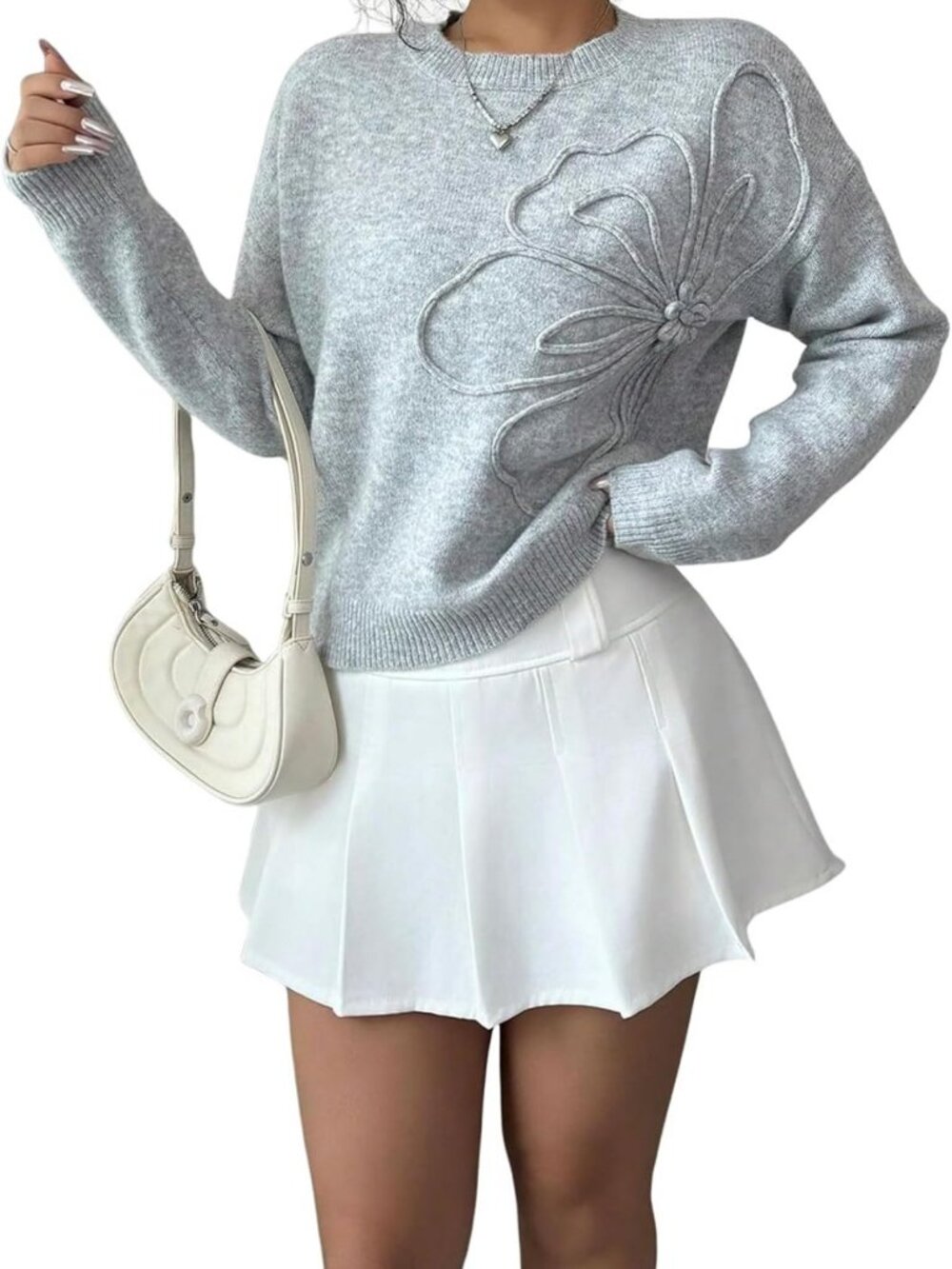 Spring 3D Flower Appliques Crewneck Sweater - Long Sleeve Drop Shoulder Knit Top